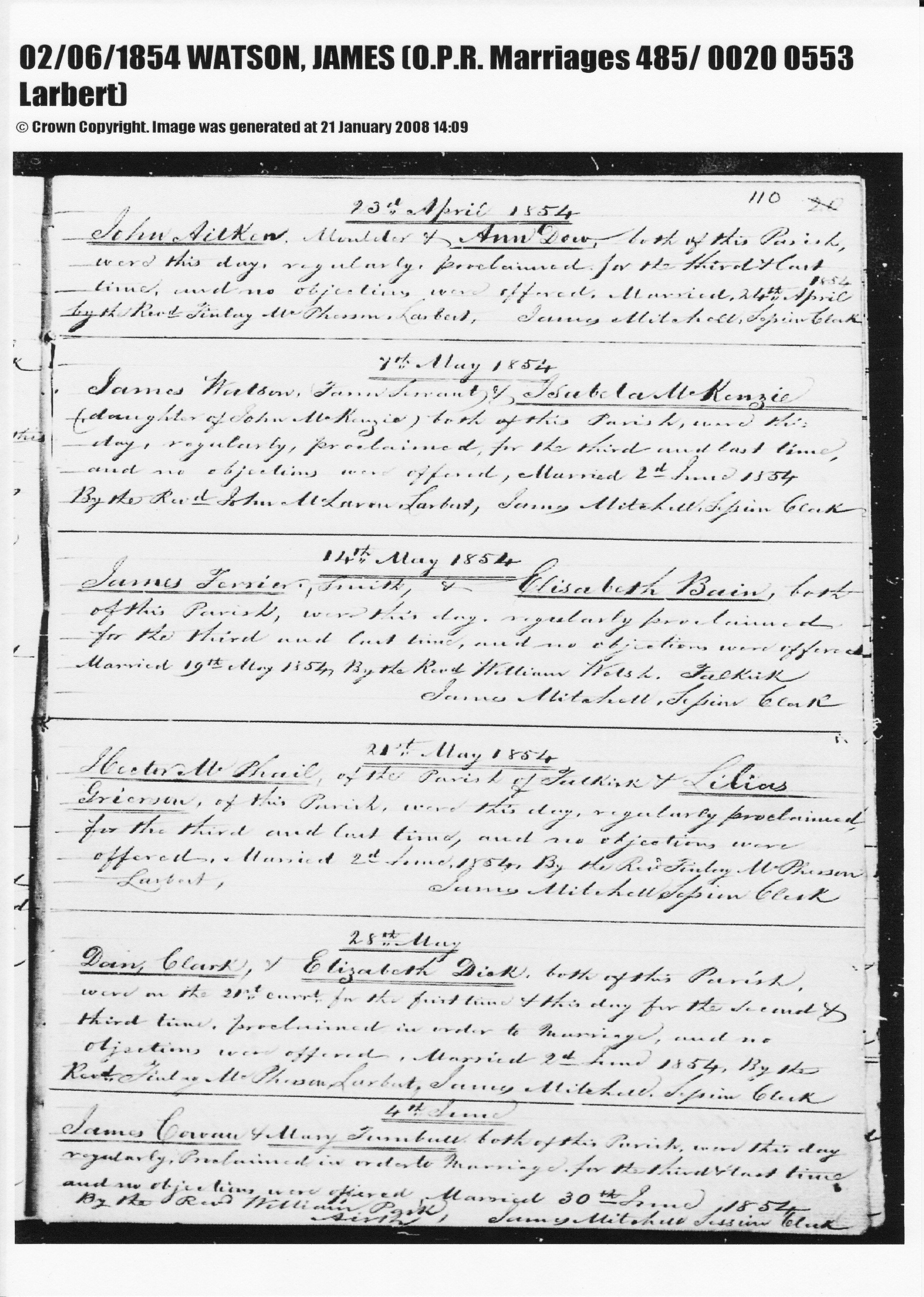 Marriage Register Entry 1854 James WATSON to Isabella McKENZIE, June 2, 1854, Linked To: <a href='i931.html' >James Watson</a> and <a href='i335.html' >Isabela McKenzie</a>